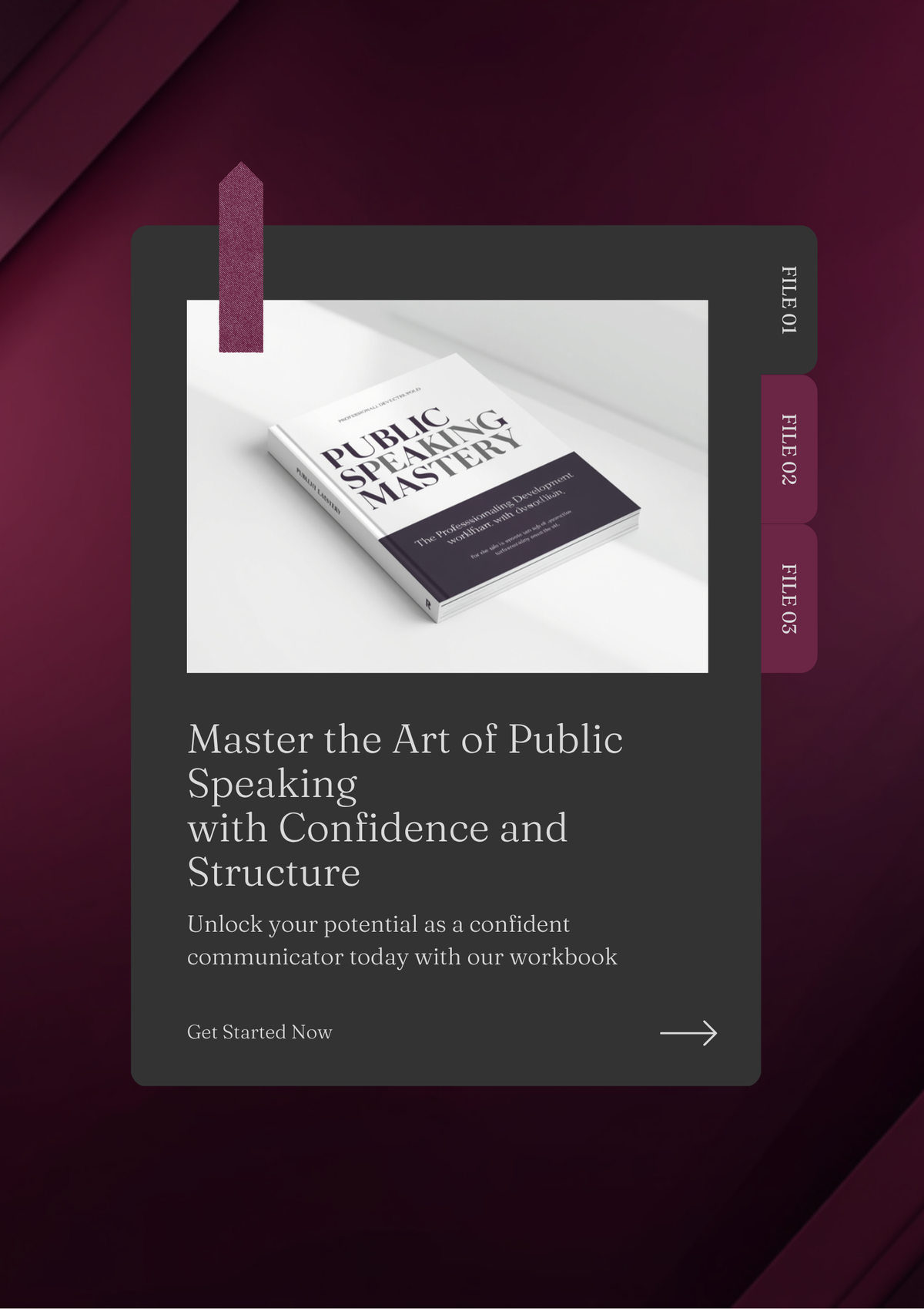Public Speaking Mastery workbook cover in deep plum and charcoal, a digital PDF workbook for professionals building presentation confidence