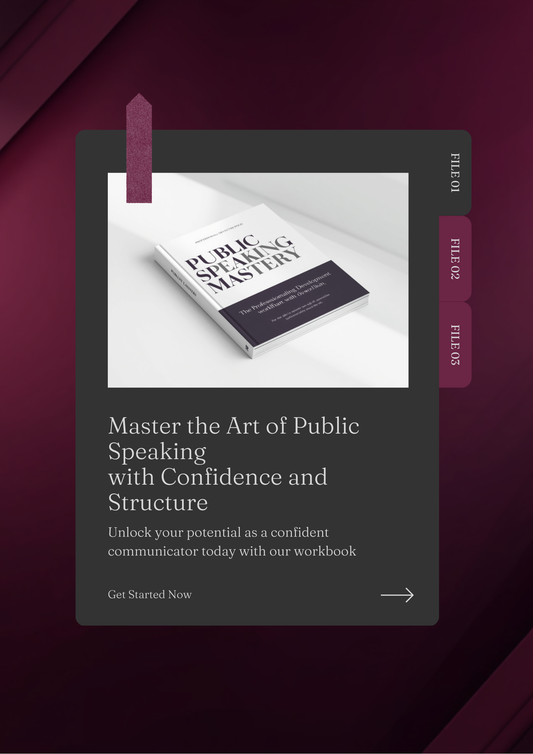 Public Speaking Mastery workbook cover in deep plum and charcoal, a digital PDF workbook for professionals building presentation confidence