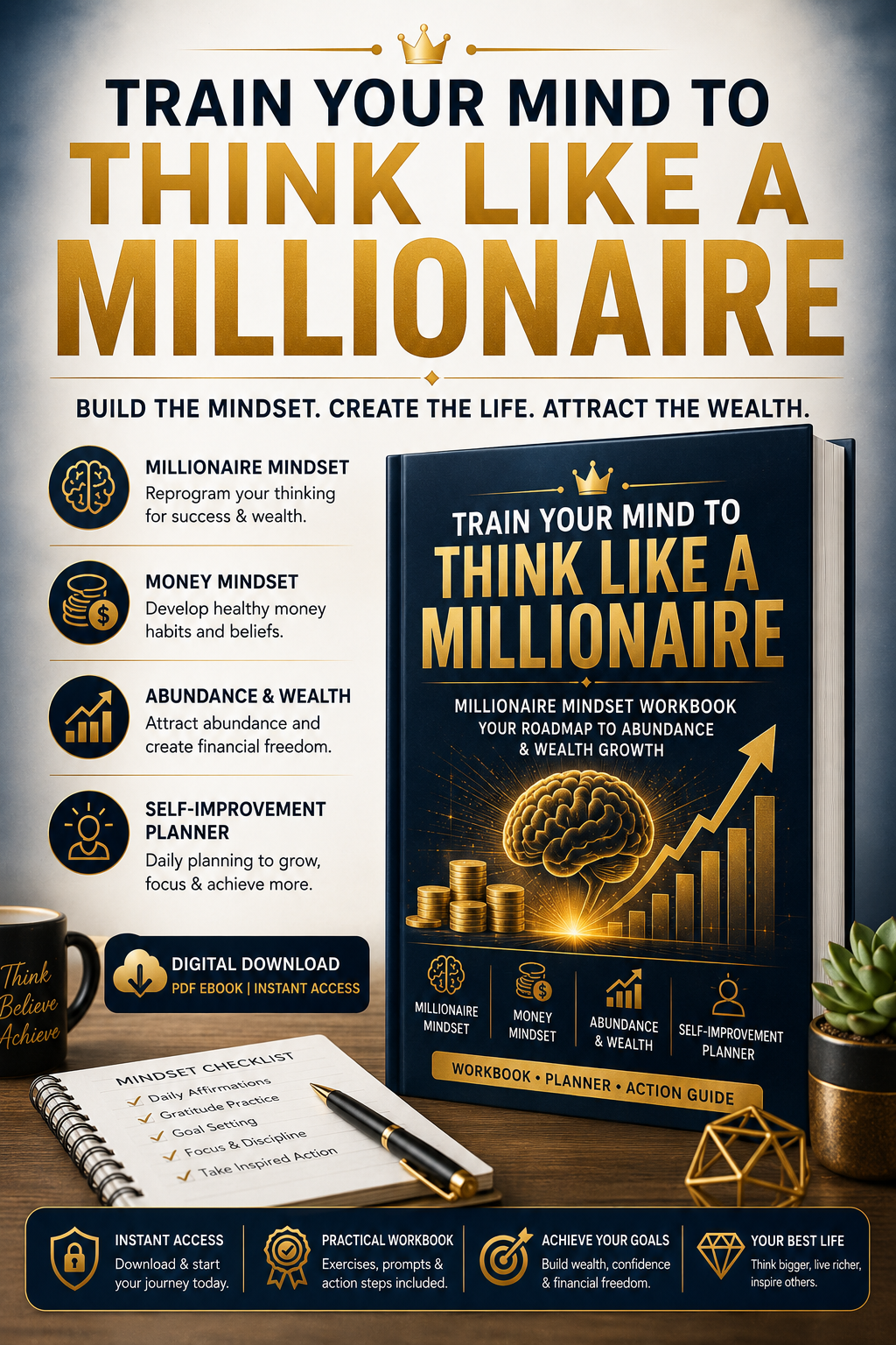 Think Like a Millionaire: Money Mindset Workbook | Digital Download PDF | Abundance & Wealth Building Self-Improvement Planner