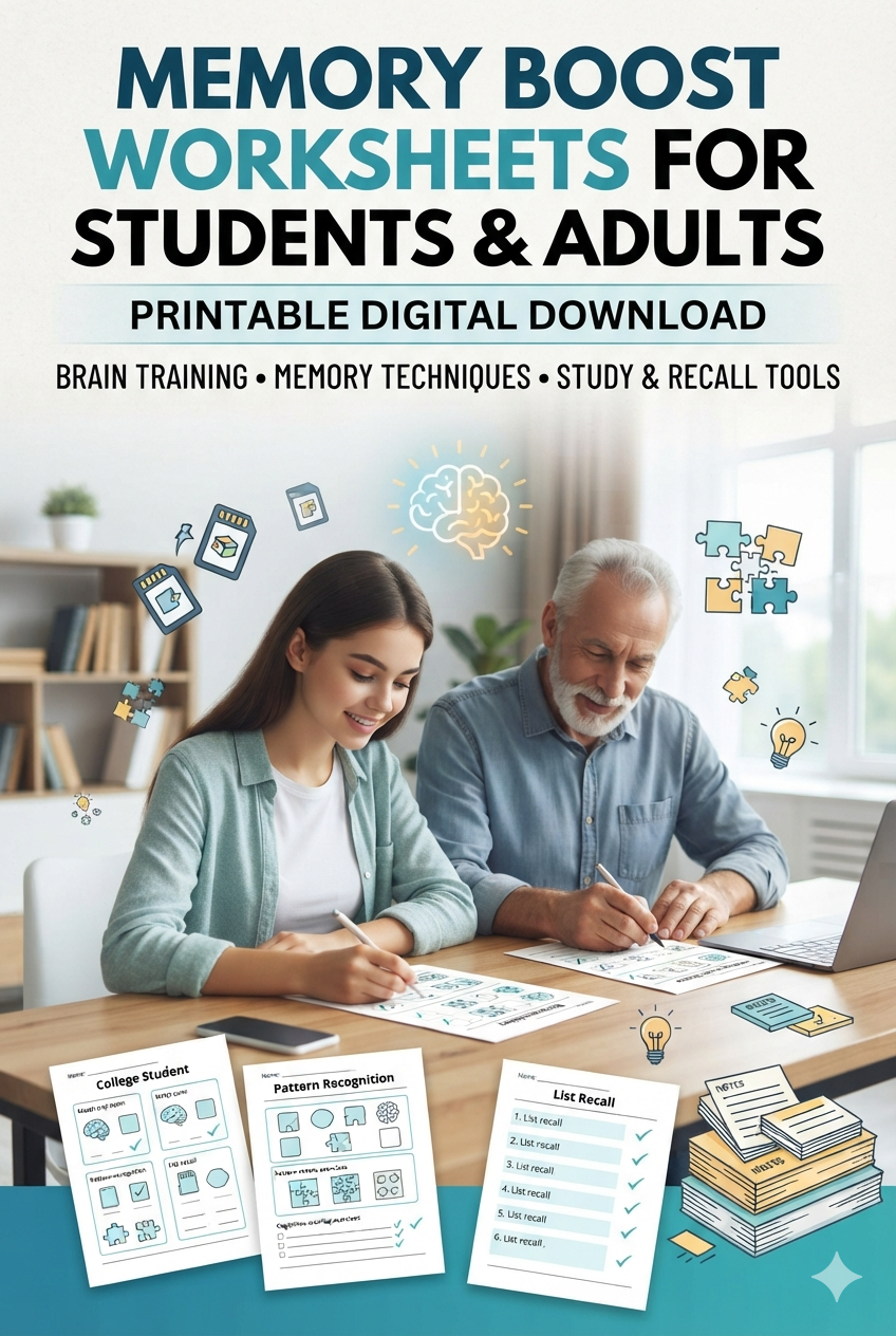 Memory Boost Worksheets – Brain Training Workbook for Students &amp; Adults (16-Page Printable PDF)