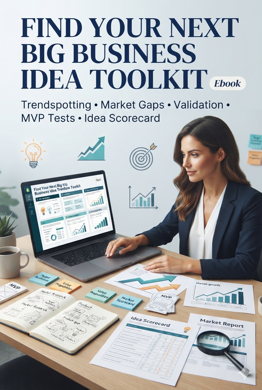 Find Your Next Big Business Idea Toolkit – Trendspotting, Market Gaps, Validation, MVP Tests & Idea Scorecard (Ebook)